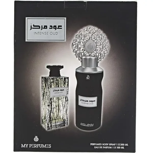 طقم عربيات عود انتنس من عربيات myperfumes. عطر انتنس عود 100 مل وبخاخ معطر للجسم - 200 مل ، تركيبة شرقية ترسم هويتك العربية، وتعزز مظهرك الفاخر في جميع المناسبات. كن مستعداً لمشهد جديد من الأناقة والسحر الجذاب مع النفحات المميزة التي تستحق التجربة. My Perfumes Presents “ Arabiyat Intense Oud EDP 100ml” Intense Oud EDP 100ml is The oriental composition draws your Arabian identity, boosting your luxurious look on all occasions. Be ready for a new scene of elegance and attractive charm with the special notes that deserve to be tried ; كما يمكنك التعرف على الكثير من البرفانات الحديثة والمتنوعة بالإضافة إلى الاسبلاش والاسبراى فى موقعنا بدرمارت. Intense Oud by My Perfumes for Unisex Gift Set - 2 Pieces