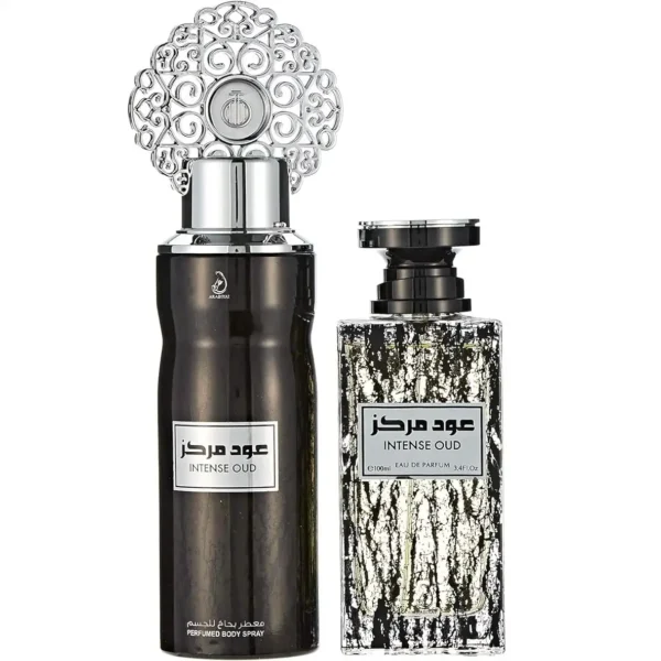 طقم عربيات عود انتنس من عربيات myperfumes. عطر انتنس عود 100 مل وبخاخ معطر للجسم - 200 مل ، تركيبة شرقية ترسم هويتك العربية، وتعزز مظهرك الفاخر في جميع المناسبات. كن مستعداً لمشهد جديد من الأناقة والسحر الجذاب مع النفحات المميزة التي تستحق التجربة. My Perfumes Presents “ Arabiyat Intense Oud EDP 100ml” Intense Oud EDP 100ml is The oriental composition draws your Arabian identity, boosting your luxurious look on all occasions. Be ready for a new scene of elegance and attractive charm with the special notes that deserve to be tried ; كما يمكنك التعرف على الكثير من البرفانات الحديثة والمتنوعة بالإضافة إلى الاسبلاش والاسبراى فى موقعنا بدرمارت. Intense Oud by My Perfumes for Unisex Gift Set - 2 Pieces