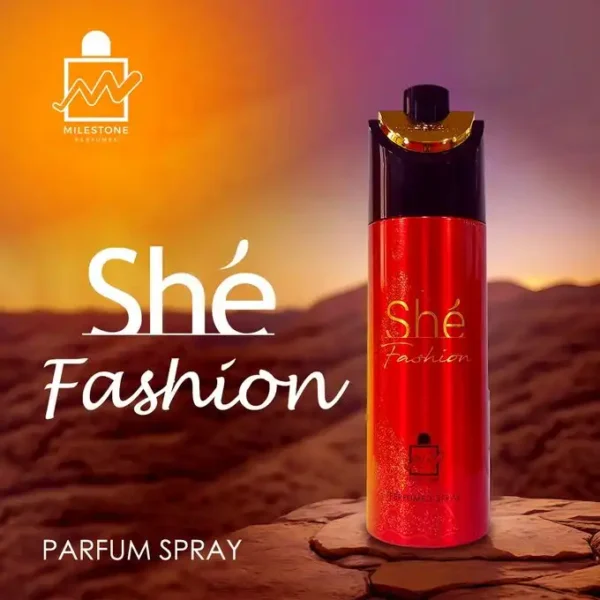 سبراى ميلستون شى فاشون Milestone She Fashion Body Spray For Women مقدمة العطر الكمثرى، الكشمش الأسود، الفلفل الوردي والجريب فروت، قلب العطر الأناناس، الورد، الياسمين وهيليوتروب، قاعدة العطر هي الفانيليا، خشب الأرز، العنبر والباتشولي.