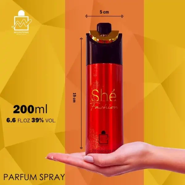 سبراى ميلستون شى فاشون Milestone She Fashion Body Spray For Women مقدمة العطر الكمثرى، الكشمش الأسود، الفلفل الوردي والجريب فروت، قلب العطر الأناناس، الورد، الياسمين وهيليوتروب، قاعدة العطر هي الفانيليا، خشب الأرز، العنبر والباتشولي.