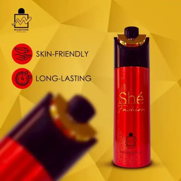 سبراى ميلستون شى فاشون Milestone She Fashion Body Spray For Women مقدمة العطر الكمثرى، الكشمش الأسود، الفلفل الوردي والجريب فروت، قلب العطر الأناناس، الورد، الياسمين وهيليوتروب، قاعدة العطر هي الفانيليا، خشب الأرز، العنبر والباتشولي.