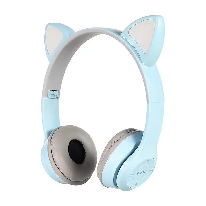 سماعة رأس لاسلكية للالعاب P47 M CAT على شكل اذن قطة باضاءة ليد بلوتوث ستيريو مضيئة للاطفال والبالغين تركواز فوق الاذن