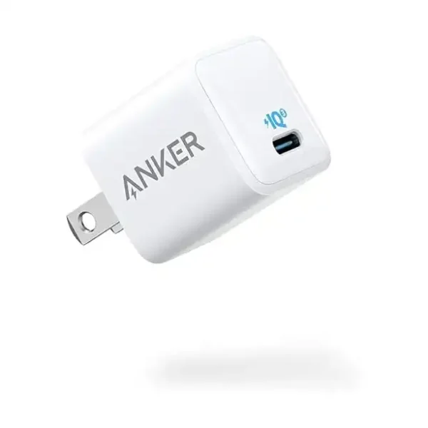 شاحن نانو ايفون 20 واط PIQ 3.0، شاحن باور بورت III شاحن USB نوع سي لايفون 12-12 ميني-12 برو-12 برو ماكس وجالاكسي وبكسل 4-3 وايباد برو وايربودز برو وغيرها من انكر مطور , ابيض