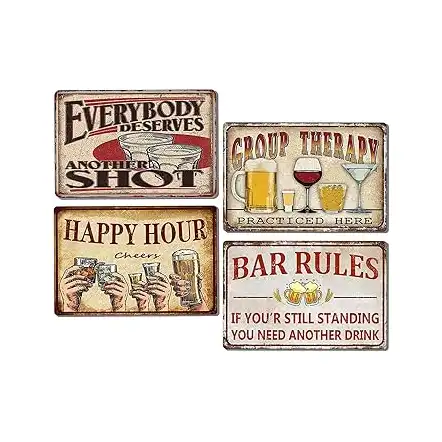 لافتات بار مبهجة لديكور المنزل والمقهى مصنوعة من القصدير، لافتة بتصميم عتيق بعبارة Happy Hour، ديكور لمساحة المشروبات بالمنزل، ديكور القهوة، ملصق فني للجدار، مجموعة لافتات معدنية من 4 قطع