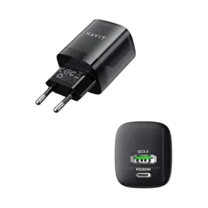 شاحن من هافيت بتقنية USB، متوافق مع الهواتف الذكية والتابلت وأجهزة USB-C، بمنفذين
