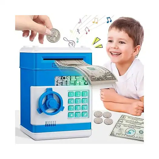 حصالة أطفال من ماجيبكس للأطفال من عمر 4 إلى 8 سنوات، صندوق توفير حقيقي للنقود، هدية مثالية لعيد الميلاد والمناسبات، ماكينة صراف آلي للأطفال، أزرق