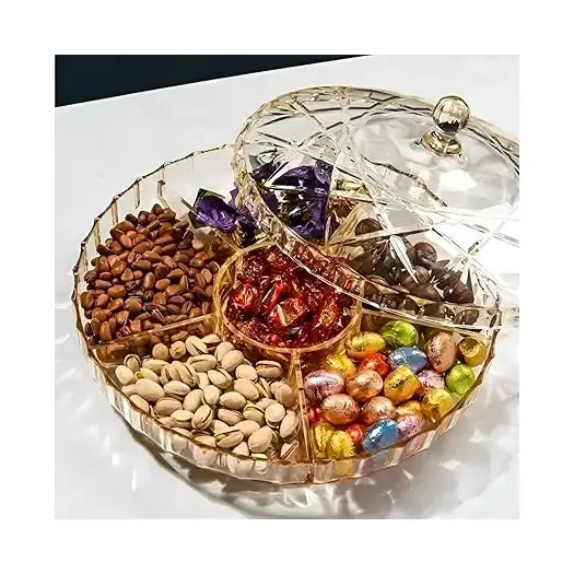 طبق تقديم تسالي متعدد الأجزاء - طبق اكريليك متين مع غطاء، مثالي للمكسرات والحلوى والمخبوزات، امن للاستخدام في غسالة الأطباق، مثالي للتجمعات والحفلات. (دائري)