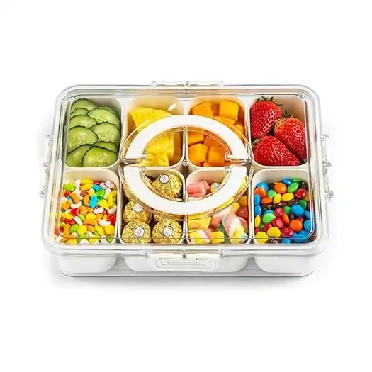 صينية تقديم مقسمة بغطاء ومقبض - منظم وجبات خفيفة مكون من 8 أقسام للحلوى والكوكيز والفواكه والمكسرات والخضروات والبهارات - صينية تخزين طعام محمولة للحفلات والنزهات والعطلات والسفر