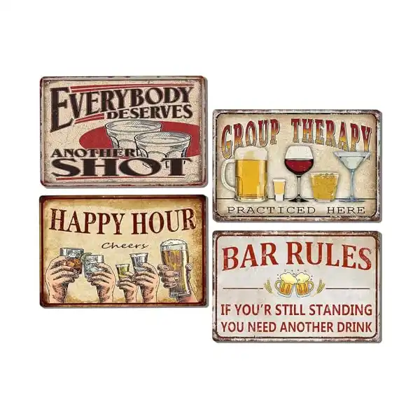 لافتات بار مبهجة لديكور المنزل والمقهى مصنوعة من القصدير، لافتة بتصميم عتيق بعبارة Happy Hour، ديكور لمساحة المشروبات بالمنزل، ديكور القهوة، ملصق فني للجدار، مجموعة لافتات معدنية من 4 قطع - الصورة 2