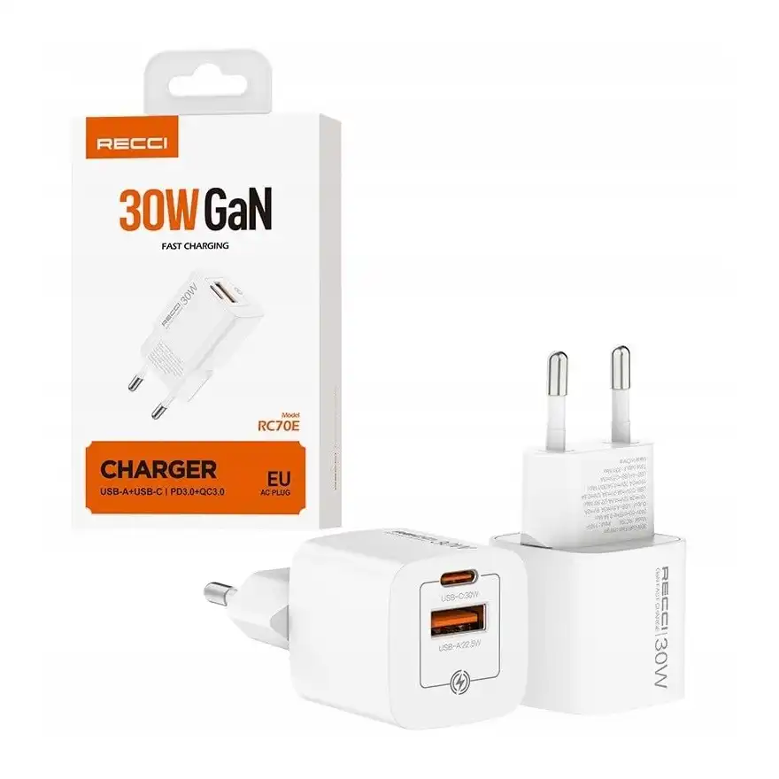 شاحن جان بقوة 30 وات بمنفذين بتقنية توصيل الطاقة/الشحن السريع 3.0 من ريتشي RC70E، أبيض - الصورة 2