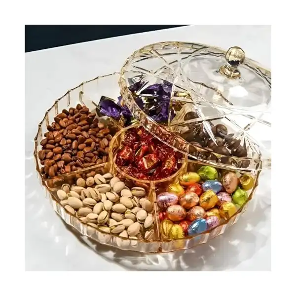 طبق تقديم تسالي متعدد الأجزاء - طبق اكريليك متين مع غطاء، مثالي للمكسرات والحلوى والمخبوزات، امن للاستخدام في غسالة الأطباق، مثالي للتجمعات والحفلات. (دائري) - الصورة 2