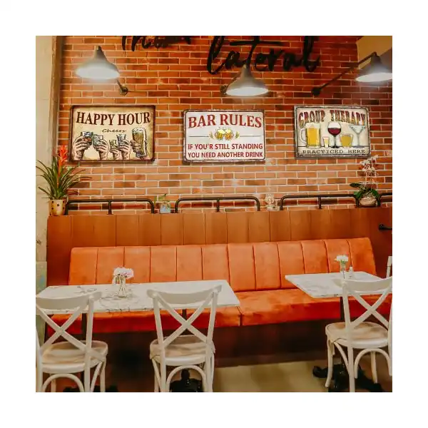 لافتات بار مبهجة لديكور المنزل والمقهى مصنوعة من القصدير، لافتة بتصميم عتيق بعبارة Happy Hour، ديكور لمساحة المشروبات بالمنزل، ديكور القهوة، ملصق فني للجدار، مجموعة لافتات معدنية من 4 قطع - الصورة 3