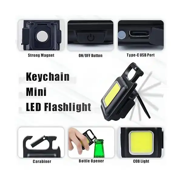 مصباح ليد يدوي صغير مغناطيسي بسلسلة مفاتيح مع بطارية قابلة لإعادة الشحن، سطوع لومن عالي و4 أوضاع متعددة الاستخدامات للمغامرات الخارجية - الصورة 3