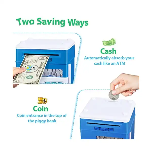 حصالة أطفال من ماجيبكس للأطفال من عمر 4 إلى 8 سنوات، صندوق توفير حقيقي للنقود، هدية مثالية لعيد الميلاد والمناسبات، ماكينة صراف آلي للأطفال، أزرق - الصورة 3