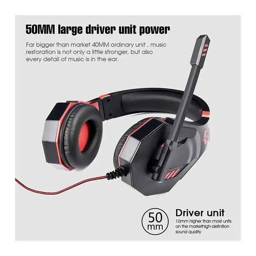 سماعات للرأس بسلك لألعاب الرياضات الالكترونية مع ميكروفون دوار وإلغاء الضوضاء وصوت محيطي 3D ستيريو وتحكم بمستوى الصوت للكمبيوتر والماك ووحدات تشغيل ألعاب الفيديو من اوفلينج، أسود وأحمر، موديل: OV-P30 - الصورة 3