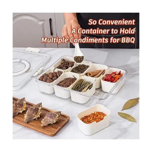 صينية تقديم مقسمة بغطاء ومقبض - منظم وجبات خفيفة مكون من 8 أقسام للحلوى والكوكيز والفواكه والمكسرات والخضروات والبهارات - صينية تخزين طعام محمولة للحفلات والنزهات والعطلات والسفر - الصورة 3