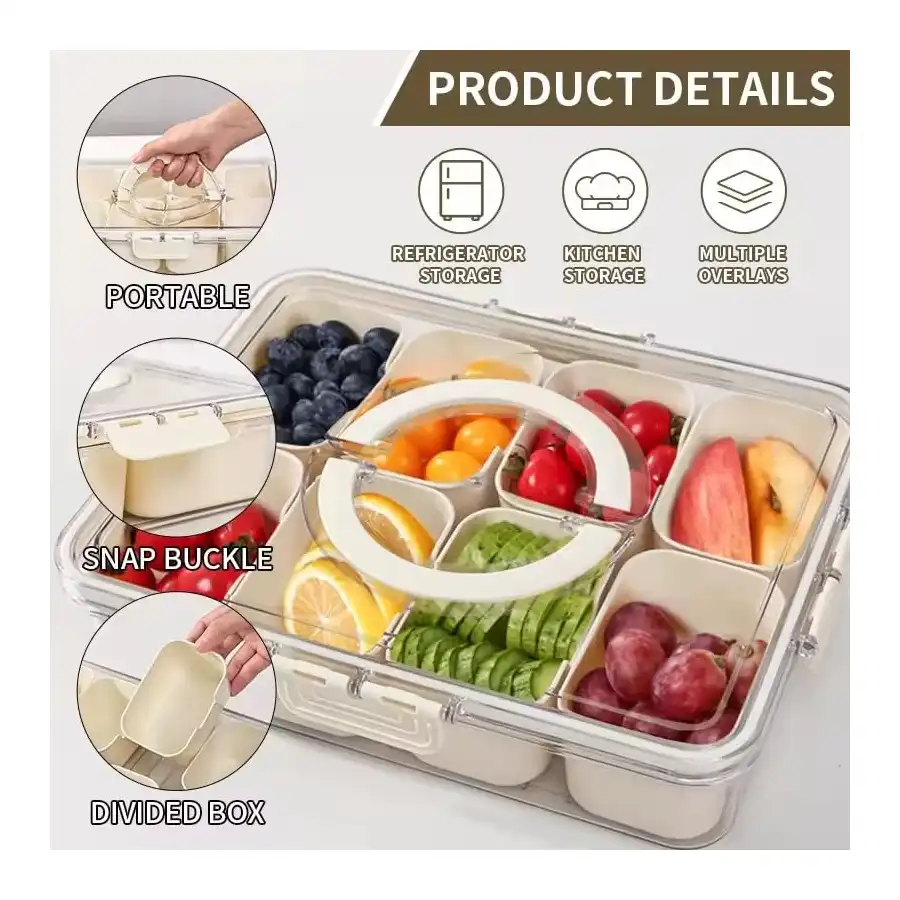 صينية تقديم مقسمة بغطاء ومقبض - منظم وجبات خفيفة مكون من 8 أقسام للحلوى والكوكيز والفواكه والمكسرات والخضروات والبهارات - صينية تخزين طعام محمولة للحفلات والنزهات والعطلات والسفر - الصورة 4