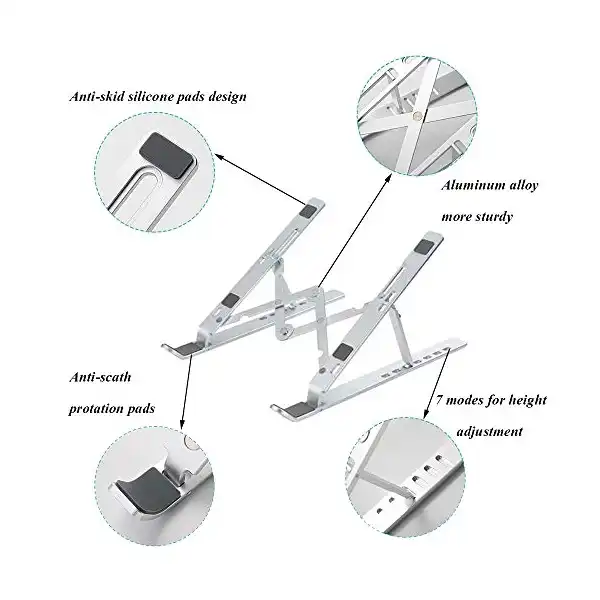 حامل لاب توب محمول من الالومنيوم 7 زوايا قابلة للتعديل خفيف الوزن لكمبيوتر وتابلت ونوت بوك مقاس 11-17 بوصة فضي LWZko. - الصورة 3