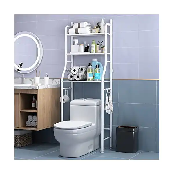 رف تخزين حمام موفر للمساحة فوق التواليت ثلاث طبقات، منظم حمام قائم بذاته، أرفف معدنية لغسيل الملابس والبلكونة - الصورة 3