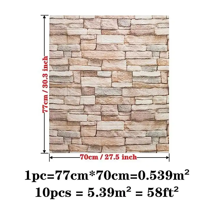 ملصق حائط ثلاثي الابعاد بنمط طوب مناسب لغرفة المعيشة وغرفة النوم وجدار التلفزيون مقاس 77 × 70 سم، ملصق حائط ذاتي اللصق مقاوم للماء (5، بيج)، من فريش - الصورة 3