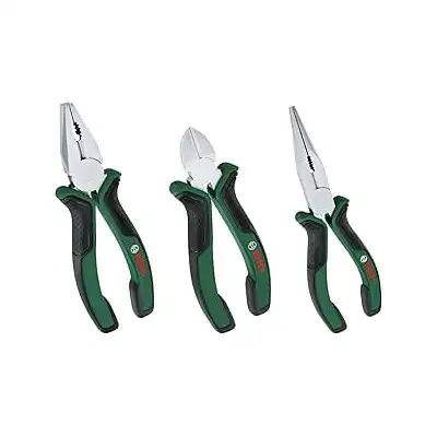 بوش طقم زرادية للمنزل والحديقة من 3 قطع بجودة ممتازة ومتينة ودقيقة، مع قطع جانبي وكماشة طويلة الانف، سطح غير لامع من النيكل والكروم