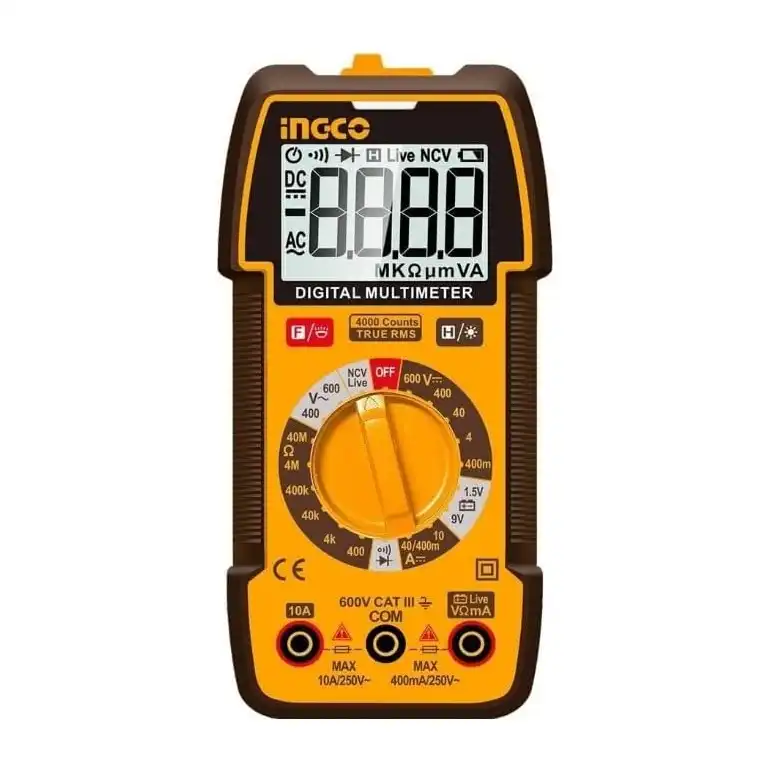 جهاز قياس رقمي متعدد بشاشة عرض من انجكو، DM36002: دقة قياس 4000 ترور، اختبار دايود وجهد كهربائي بدون تلامس، تسجيل بيانات، اختبار بطارية، كشاف يدوي، مؤشر انخفاض بطارية، إضاءة خلفية، بطاريتين LR03 AAA