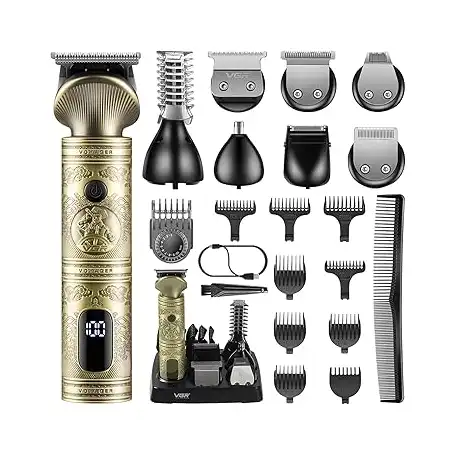 مجموعة تشذيب اللحية للرجال قابلة لاعادة الشحن من في جي ار، ماكينة حلاقة شعر لاسلكية 6 في 1، 21 قطعة مع ماكينة حلاقة من الرقائق المعدنية للوجه والجسم والانف والشارب