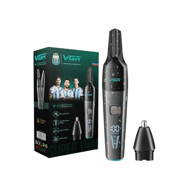 ماكينة تشذيب الأنف والجسم الاحترافية V-603، بطارية 1200 مللي امبير في الساعة، اعدادين للسرعة، مقاومة للماء بدرجة IPX5، شاشة LED، اسود - الصورة 2