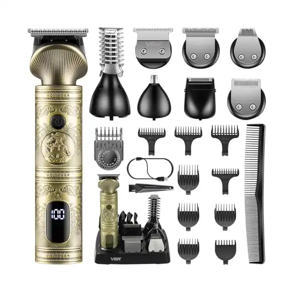 مجموعة تشذيب اللحية للرجال قابلة لاعادة الشحن من في جي ار، ماكينة حلاقة شعر لاسلكية 6 في 1، 21 قطعة مع ماكينة حلاقة من الرقائق المعدنية للوجه والجسم والانف والشارب - الصورة 2