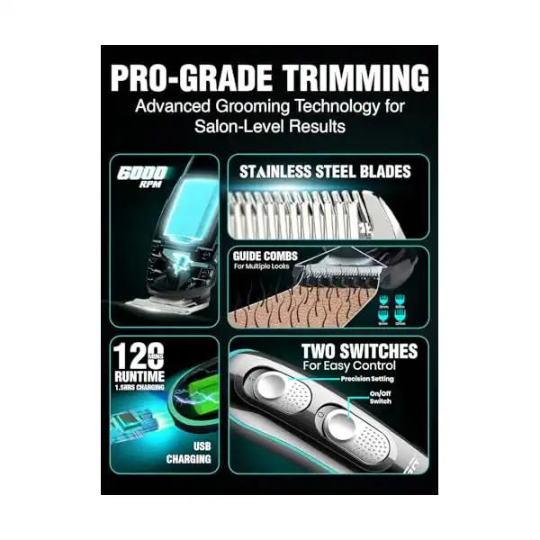 ماكينة حلاقة احترافية لاسلكية قابلة لإعادة الشحن مع فرشاة توجيه للرجال من في جي ار، أسود، V-055 - الصورة 3