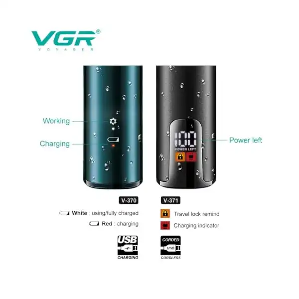 ماكينة حلاقة كهربائية احترافية ثلاثية الشفرات بشاشة ال اي دي وشحن USB من في جي ار، ماكينة سريعة لتشذيب الشعر مقاومة للماء بتصنيف IPX5، موديل V-370/V-371 - الصورة 4