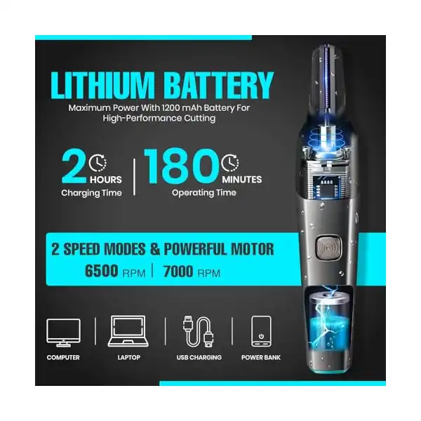 ماكينة تشذيب الأنف والجسم الاحترافية V-603، بطارية 1200 مللي امبير في الساعة، اعدادين للسرعة، مقاومة للماء بدرجة IPX5، شاشة LED، اسود - الصورة 4