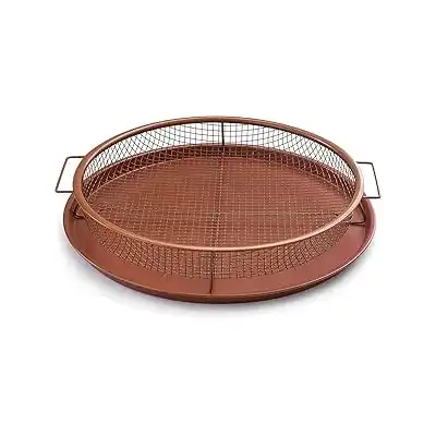 طقم صواني دائرية من النحاس مقاومة للالتصاق للتحمير مع صينية فرن شبكية للخبز من قطعتين مقاس (30 سم) قطعتين لون نحاسي