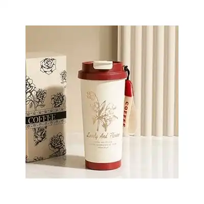 كوب قهوة معزول للسفر، 530 مل، من الفولاذ القاوم للصدأ، غطاء أحمر مع غطاء وماصة، تصميم زهور