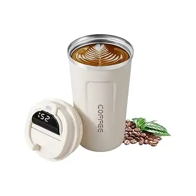 مج سفر ذكي معزول بتفريغ الهواء ومضاد للانقلاب مع غطاء من الفولاذ المقاوم للصدأ بسعة 500 مل مع شاشة لعرض درجة الحرارة، للقهوة والمشروبات المثلجة والتنقل والسفر من اكس سبرينج، أبيض