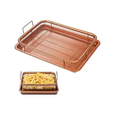 مجموعة صواني فرن كريسبر شبكية 13×9 بوصة مانعة للالتصاق من النحاس للخبز في الفرن والمقلاة الهوائية والبطاطس المقلية واللحم المقدد في الميكروويف في المطبخ، قطعتين من بي برو - نحاس