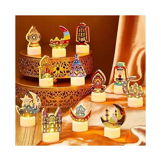 مجموعة مصابيح عيد مبارك صغيرة للاطفال مكونة من 12 قطعة من بريتوكتر، هدايا رمضان للحرف اليدوية وتزيين طاولة الشموع والعيد باضاءة LED ليلية وقمر ونجمة وشمعة لمستلزمات ديكور حفلات عيد الفطر