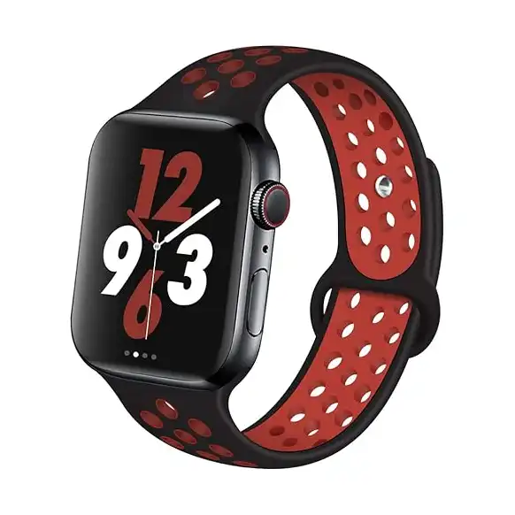 سوار من اوري بير متوافق مع ساعة آبل 44 ملم 42 ملم، رياضي جيد التهوية لسلسلة اي ووتش 4/3/2/1 وساعة نايك+، أنماط وألوان مختلفة للنساء والرجال (مقاس M/L، أسود وأحمر)