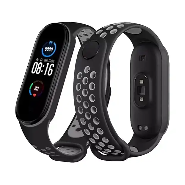 سوار معصم سيليكون بديل بفتحة للتهوية متوافق مع ساعة شاومي مي باند 6 - 5 من مارجون، أسود رمادي، (الأولاد، بنات، للرجال، للنساء، للبالغين الجنسين)