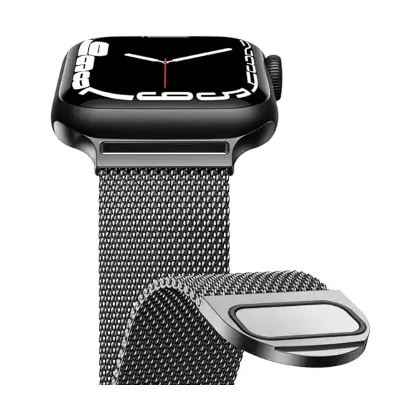 سوار معدني مغناطيسي متوافق مع ساعة ابل مقاس 45 ملم حلقي بتصميم شبكي من الستانلس ستيل مشبك اي ووتش SE-7 اسود للبالغين الجنسين - الصورة 2