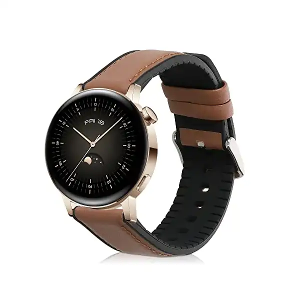 موبايل سوار معصم متوافق مع ساعة هواوي GT3 (42 ملم) / ساعة GT2 (42 ملم) / ووتش 2 - سوار رياضي من السيليكون والجلد - بني/أسود من كيه دبليو موبايل - الصورة 2