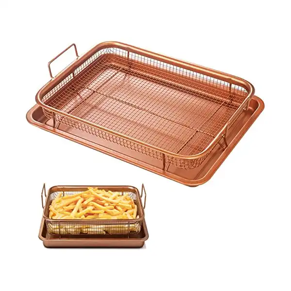 مجموعة صواني فرن كريسبر شبكية 13×9 بوصة مانعة للالتصاق من النحاس للخبز في الفرن والمقلاة الهوائية والبطاطس المقلية واللحم المقدد في الميكروويف في المطبخ، قطعتين من بي برو - نحاس - الصورة 2