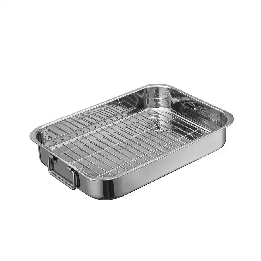 صينية تحميص من الفولاذ المقاوم للصدأ مع رف شواء، صينية فرن كبيرة بمقابض حمل لتحضير اللحوم والفراخ والأطباق المخبوزة - الصورة 2