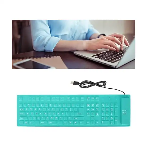كيبورد سيليكون بسلك USB 85 مفتاح، مقاومة للماء، كتابة صامتة قابلة للطي، كيبورد ناعمة الملمس صغير الحجم، مقاومة للماء والغبار، استخدام كيبورد عربي غير مضمون، أخضر - الصورة 2