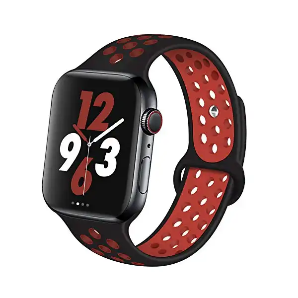 سوار من اوري بير متوافق مع ساعة آبل 44 ملم 42 ملم، رياضي جيد التهوية لسلسلة اي ووتش 4/3/2/1 وساعة نايك+، أنماط وألوان مختلفة للنساء والرجال (مقاس M/L، أسود وأحمر) - الصورة 2