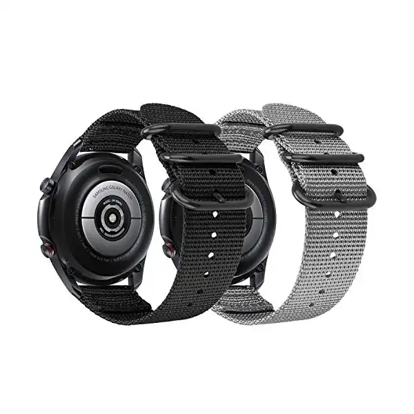 سوار نايلون 22 ملم متوافق مع ساعة سامسونج جالاكسي 3 45 ملم/ جالاكسي ووتش 46 ملم/ جير S3 كلاسيك/ فرونتير، سوار رياضي بديل من النايلون المنسوج الناعم 22 ملم - 2- أسود + رمادي - الصورة 2