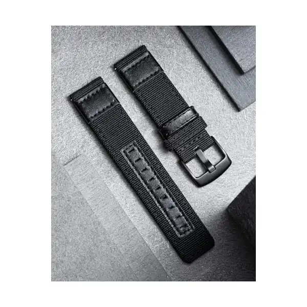 اساور ساعة كلاسيكية من القماش مع جلد طبيعي هايبرد من اف اف اتش ايه او، سوار معصم بديل بمشبك اسود 18/20/22 ملم (اسود، 22 ملم) - الصورة 3