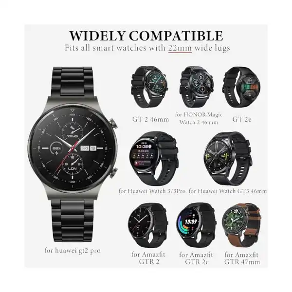 سوار معدني بديل من الستانلس ستيل متوافق مع ساعة هواوي GT2 برو مقاس 22 اسود للبالغين الجنسين - الصورة 3