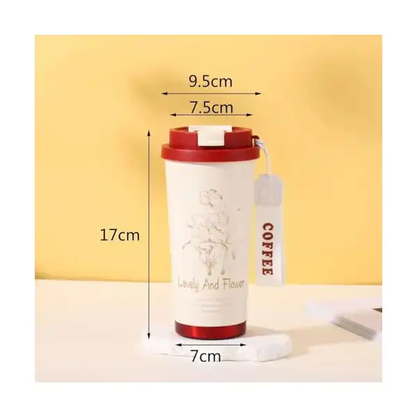 كوب قهوة معزول للسفر، 530 مل، من الفولاذ القاوم للصدأ، غطاء أحمر مع غطاء وماصة، تصميم زهور - الصورة 3