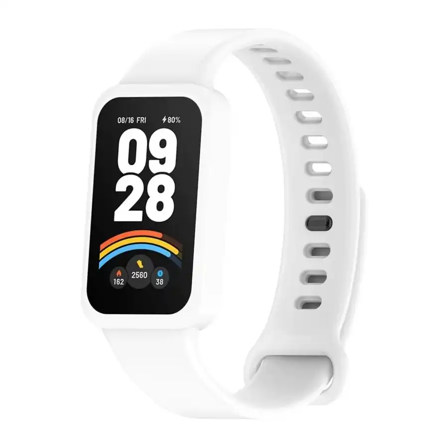 سوار بلاستيك متوافق مع شاومي سمارت باند 9 وريدمي باند 3 مع حافظة واقية ناعمة ومريحة مع سوار ساعة مدمج للاستبدال، لون أبيض - الصورة 3